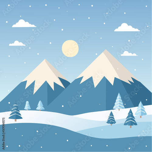 Snowy mountain peaks with falling snow, conveying winter and wilderness.