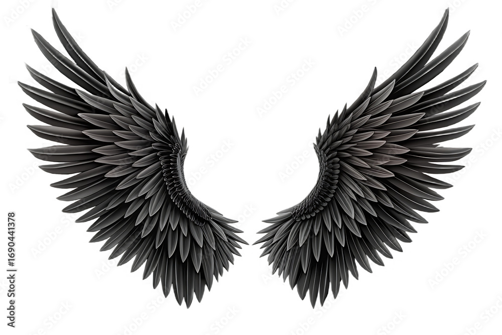 Fototapeta premium Dark feathered wings spread isolated on a transparent background