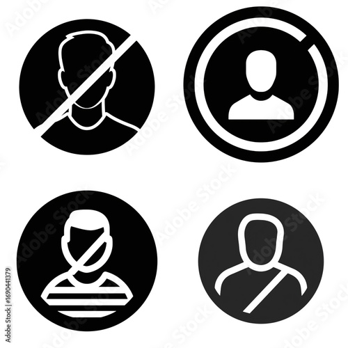 Vector-style block user icon, circular profile silhouette with diagonal strike-through line, isolated transparent background