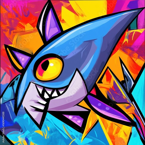 Cartoon shark illustration made of colorful geometric shapes