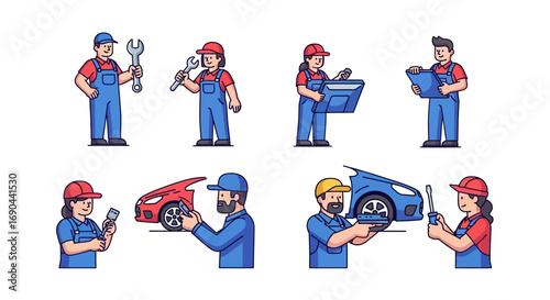 Vector Set of Workers in a Workshop Flat Illustration of Industrial Labor, Factory Teamwork, and Craftsmanship Icons