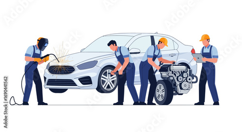 Vector Set of Workers in a Workshop Flat Illustration of Industrial Labor, Factory Teamwork, and Craftsmanship Icons