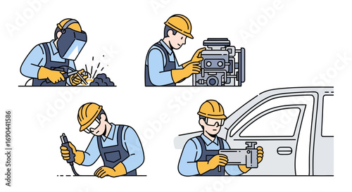 Vector Set of Workers in a Workshop Flat Illustration of Industrial Labor, Factory Teamwork, and Craftsmanship Icons
