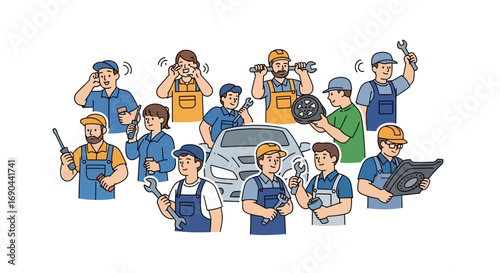 Vector Set of Workers in a Workshop Flat Illustration of Industrial Labor, Factory Teamwork, and Craftsmanship Icons