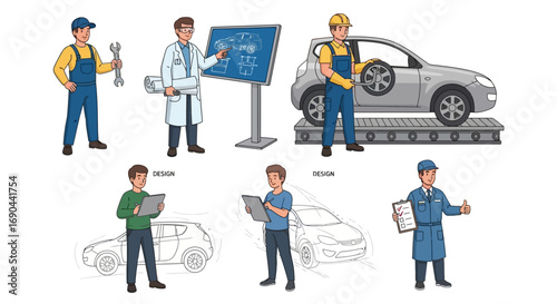 Vector Set of Workers in a Workshop Flat Illustration of Industrial Labor, Factory Teamwork, and Craftsmanship Icons