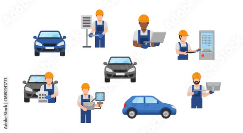 Vector Set of Workers in a Workshop Flat Illustration of Industrial Labor, Factory Teamwork, and Craftsmanship Icons