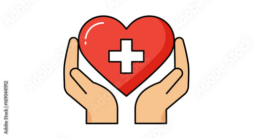 Two hands gently cradling a red heart with a white cross symbol, representing care and health.