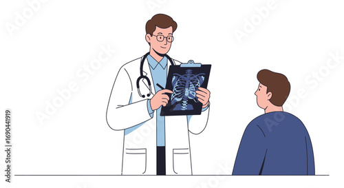 A doctor in a white coat and stethoscope is showing a medical scan to a patient.