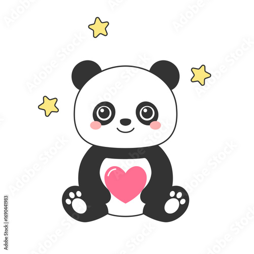 Cute cartoon panda holding pink heart with yellow stars