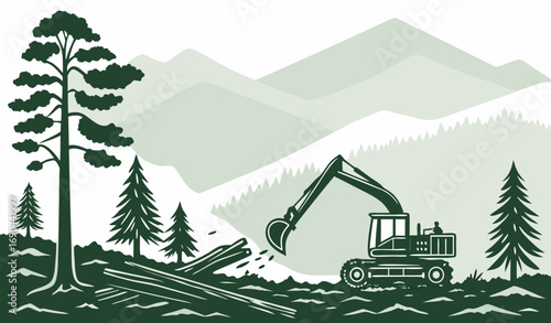 Monochromatic Green Vector Illustration of Deforestation Scene with Heavy Machinery, Fallen Tree, and Mountain Layers