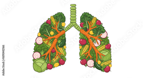 Illustration of human lungs filled with fresh vegetables and fruits, symbolizing healthy eating for respiratory health.