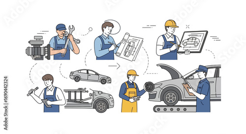 Vector Set of Workers in a Workshop Flat Illustration of Industrial Labor, Factory Teamwork, and Craftsmanship Icons