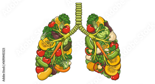 Illustration of human lungs filled with various fresh vegetables and fruits, symbolizing healthy eating and respiratory wellness.
