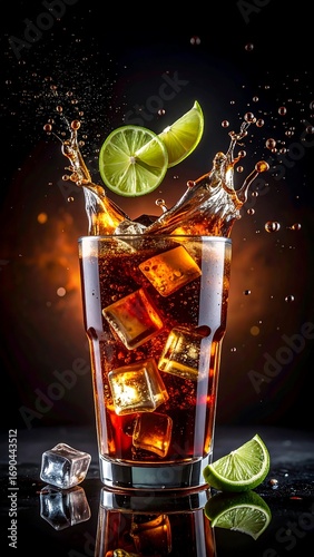 Refreshing cola drink with ice cubes and lime slices splashing in 3D