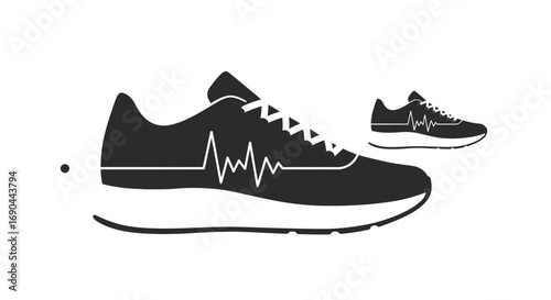 A black silhouette of a running shoe with a heartbeat EKG line graphic on its side, with a smaller version of the shoe in the background.