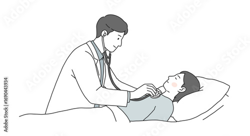 A doctor is examining a patient lying in bed by listening to their chest with a stethoscope.