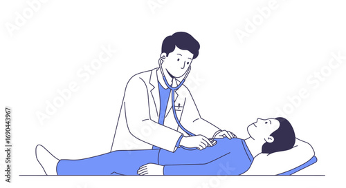 A doctor wearing a white coat and stethoscope is examining a patient lying on their back on a light blue surface.