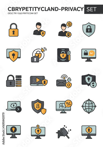 A comprehensive set of flat design icons illustrating various aspects of cybersecurity, digital privacy, data protection, and online security concepts.
