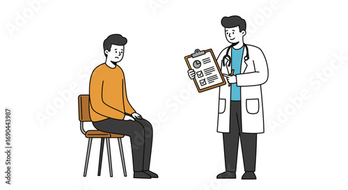 A doctor in a white coat holding a clipboard and talking to a patient sitting on a chair.