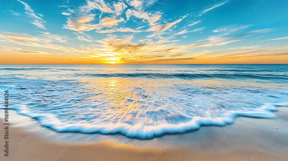 Fototapeta premium Serene Sunrise Over Calm Ocean Waves with Colorful Sky and Soft Sandy Beach