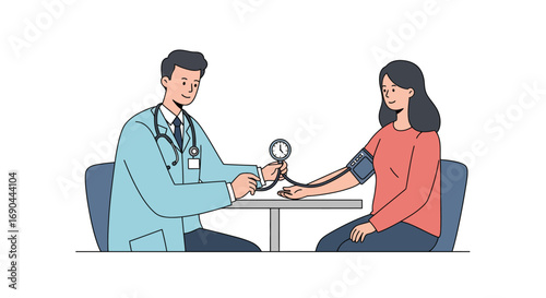A male doctor in a white coat and stethoscope is measuring the blood pressure of a female patient sitting at a table.