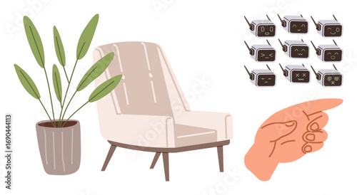 Minimalist armchair, leafy plant in pot, robotic faces showing expressions, and pointing hand conveying choice or interaction. Ideal for technology, decision-making, emotions, AI, home decor modern