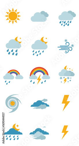 A collection of colorful weather forecast icons depicting various atmospheric conditions like sun, clouds, rain, wind, lightning, and rainbows.
