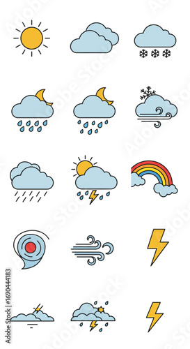 Weather icons depicting sun, clouds, rain, snow, rainbow, hurricane, wind, and lightning.