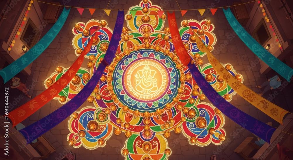 Obraz premium Vibrant ceiling decoration with intricate designs and colorful patterns in a cultural building