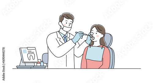 A dentist wearing a mask and gloves examines a patient's teeth with dental instruments in a clinic.