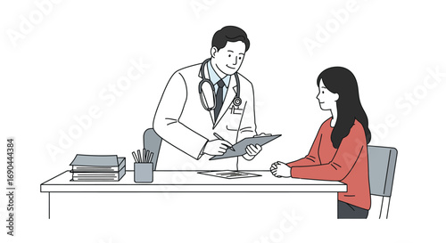 A male doctor in a white coat with a stethoscope around his neck is writing on a clipboard while a female patient sits at a desk.