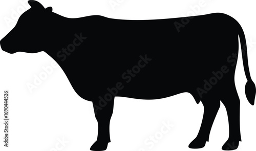 Black Cow Silhouette on White Background, Farm Animal Icon