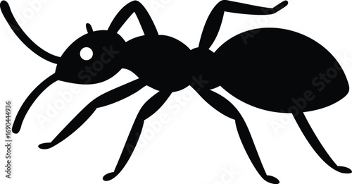 Black Silhouette Ant with Detailed Legs and Antennae on White Background