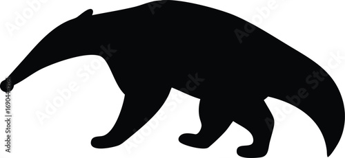 Black silhouette displays an aardvark walking to the left, contrasting with the plain white background