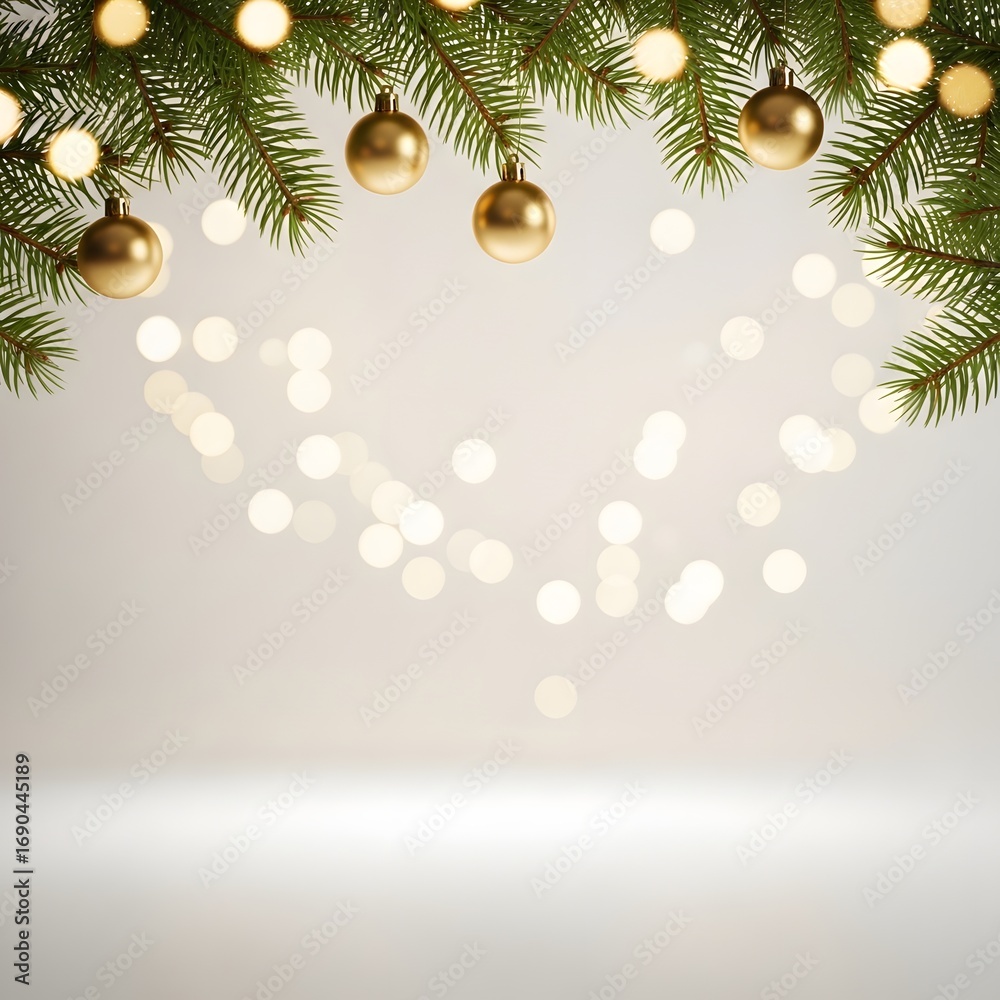 Fototapeta premium Winter holiday background with minimalist Christmas decorations, pine branches, golden ornaments, and warm bokeh lights, clean festive aesthetic, copy space for text