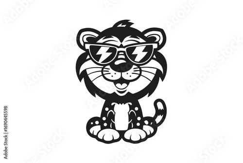 Cartoon Black and White Panther with Sunglasses on a White Background
