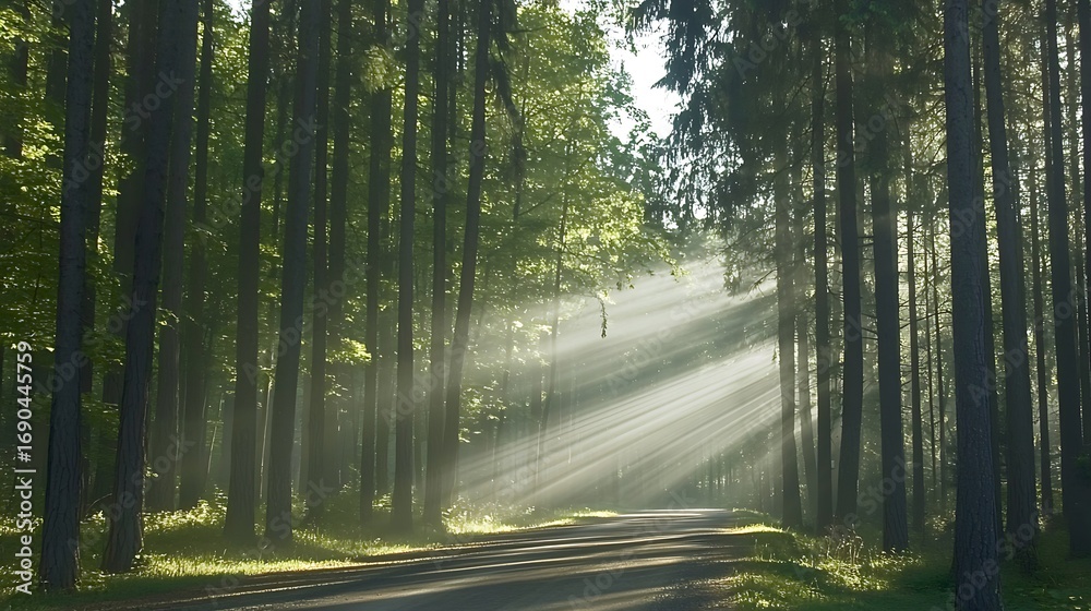 Obraz premium Sunlight Filtering Through Tall Trees in a Serene Forest Landscape Pathway