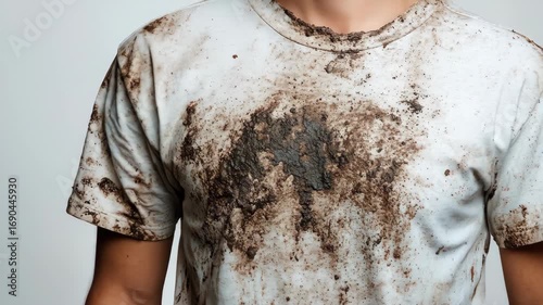 Dirty t-shirt with mud splatter on a person