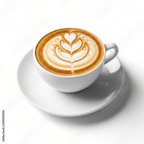  A Beautifully Crafted Latte with Detailed Rosette Latte Art in a White Cup and Saucer, Isolated on a Clean White Background
