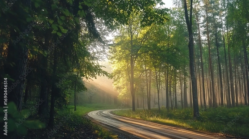 Obraz premium Serene Forest Pathway with Sunlight Filtering Through Lush Green Trees in Early Morning