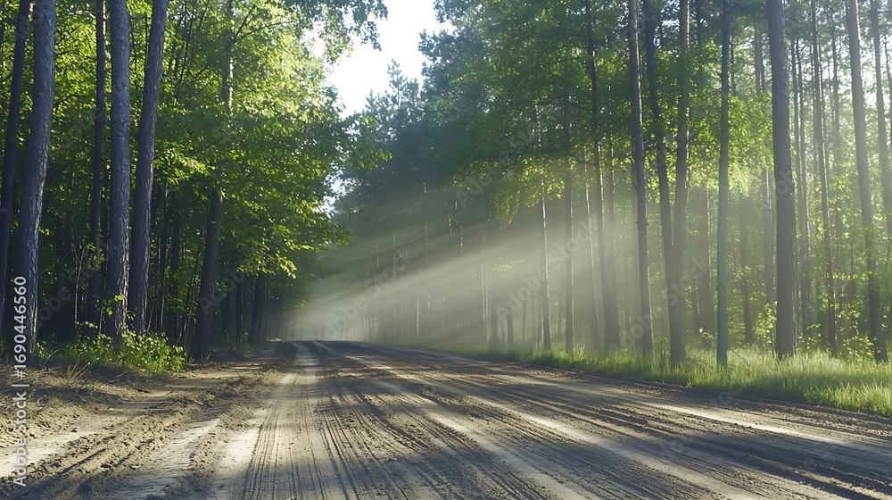 Obraz premium Serene Dirt Road Through Lush Green Forest with Sunlight Streaming Through Trees
