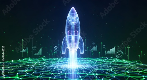 Holographic Rocket Launching from Digital Network Grid. Technology Startup, Business Growth, and Innovation Concept.