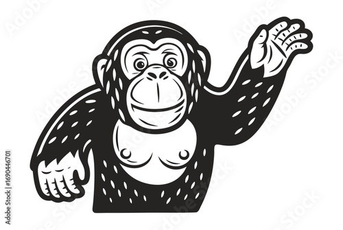 Cartoon Primate Black Chimpanzee Raising Hand on White Background