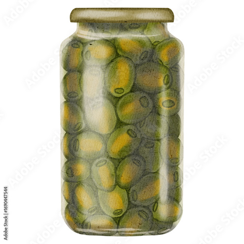 Watercolor illustration of glass jar filled with preserved green olives. Olive branches, leaves and fruits. For fabric, wrapping paper, scrapbooking, packaging design, kitchen, menu.