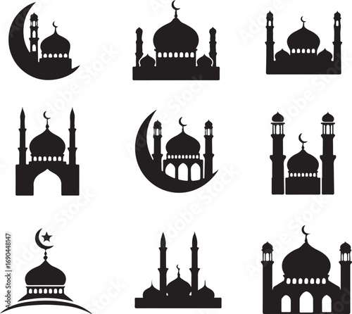 Collection of Islamic mosque silhouettes transparent background.Hand Draw