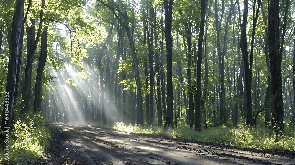 Obraz premium Serene Forest Pathway Surrounded by Lush Green Trees and Gentle Sunlight Rays