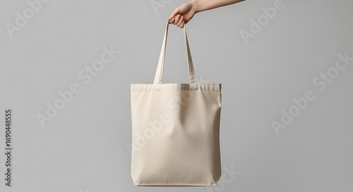 Hand holding blank beige tote bag for branding mock up