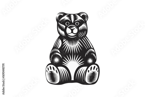 Detailed Silhouette of a Sitting Bear on a White Background Design