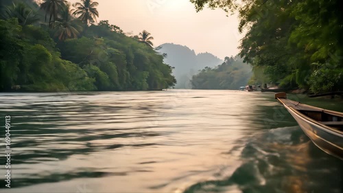 A boat drifts on the calm river, surrounded by a serene summer landscape of green trees under a sky