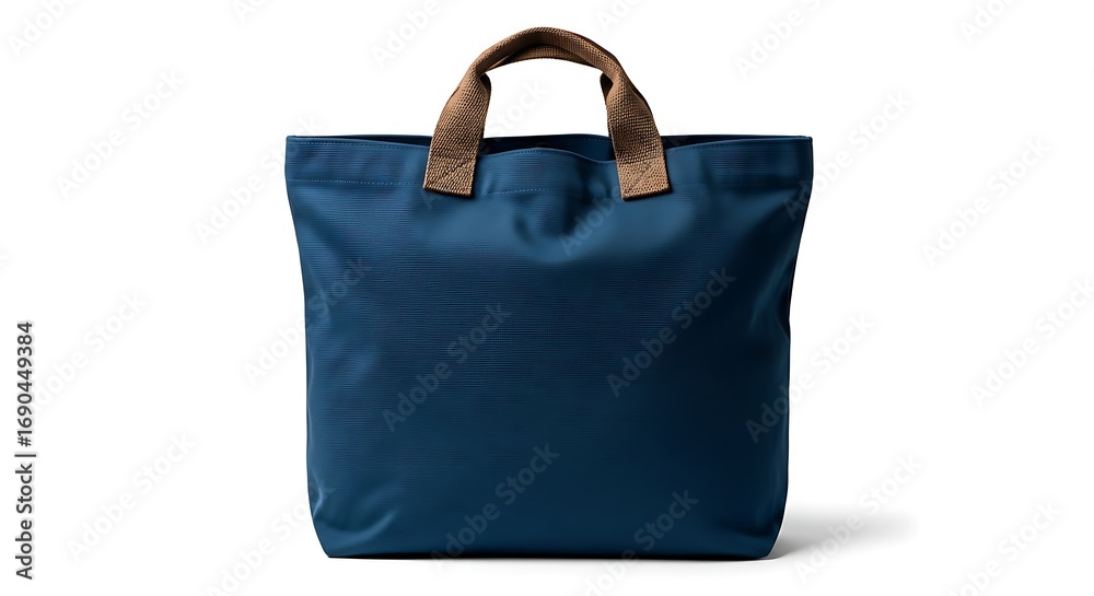 Naklejka premium Blue tote bag with brown handles isolated on white background